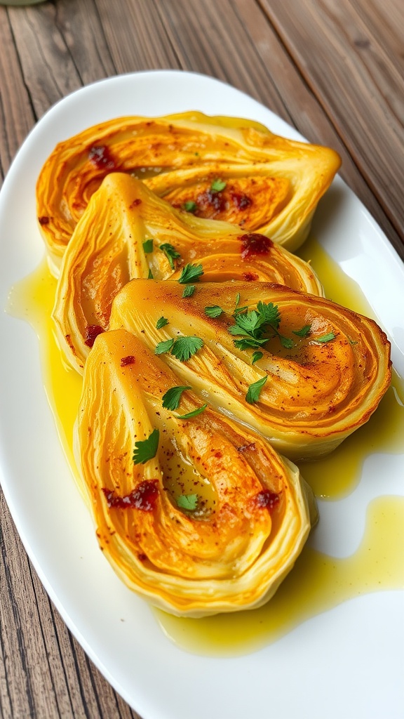 Savory Cabbage Steaks Recipe for Optavia Lean and Green Roasted cabbage steaks with spices and herbs, served on a rustic plate.